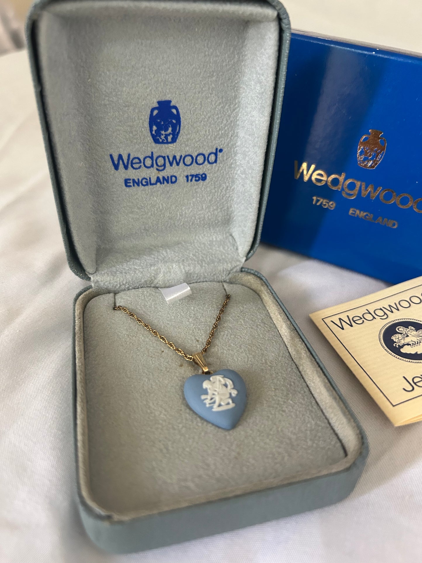 Wedgwood Heart-shaped Blue Jasperware Pendant Necklace, Cupid Relief Design