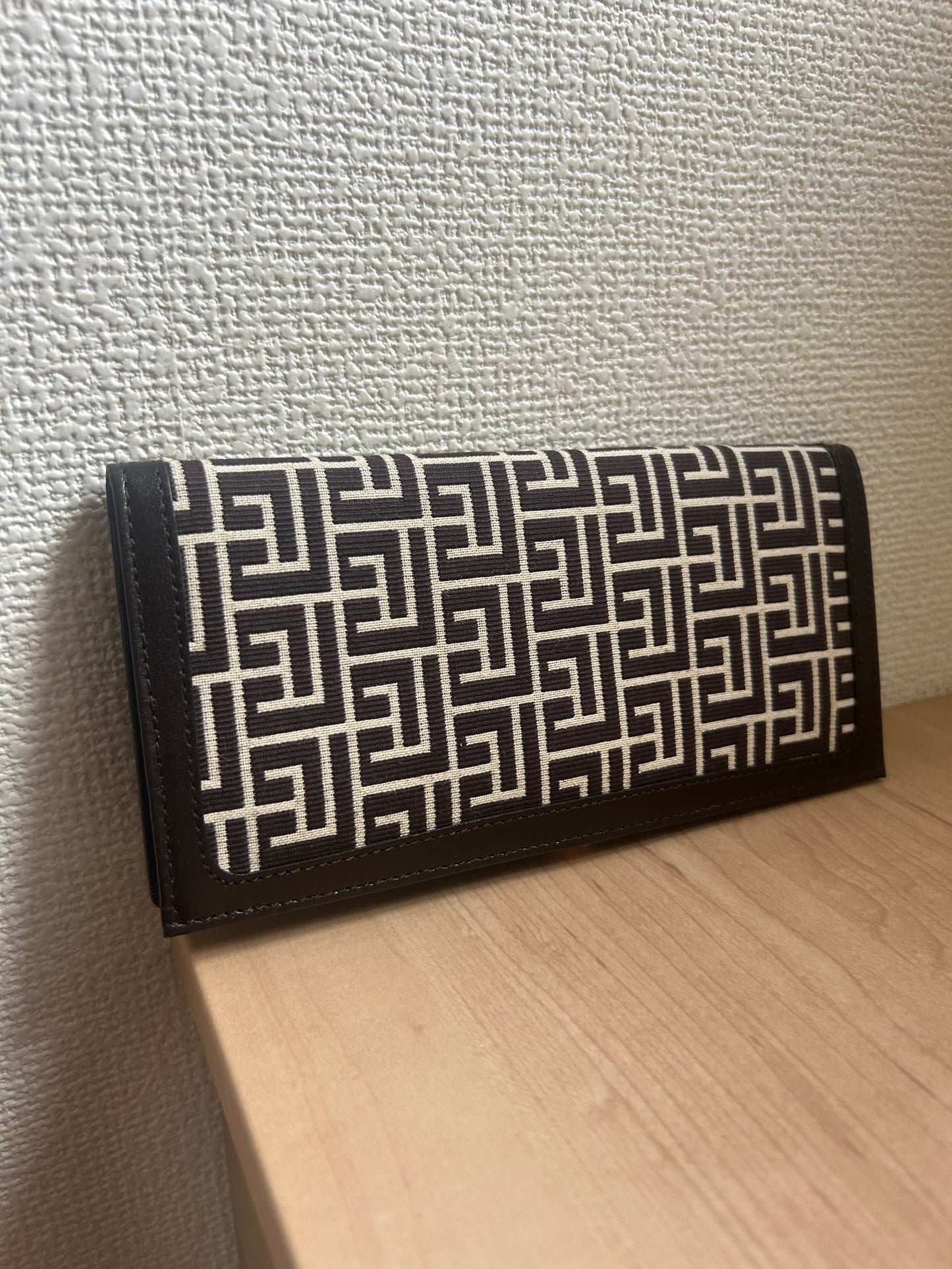 Pierre Balmain Fabric and Leather Monogram Long Bi-fold Wallet with Clip Closure