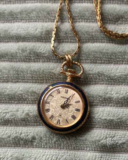 Seiko Manual Winding Pendant Watch with Enamel Floral Design