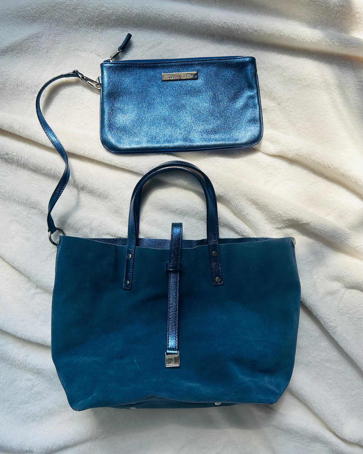 Tiffany and Co. Suede and Metallic Blue Reversible Tote Bag