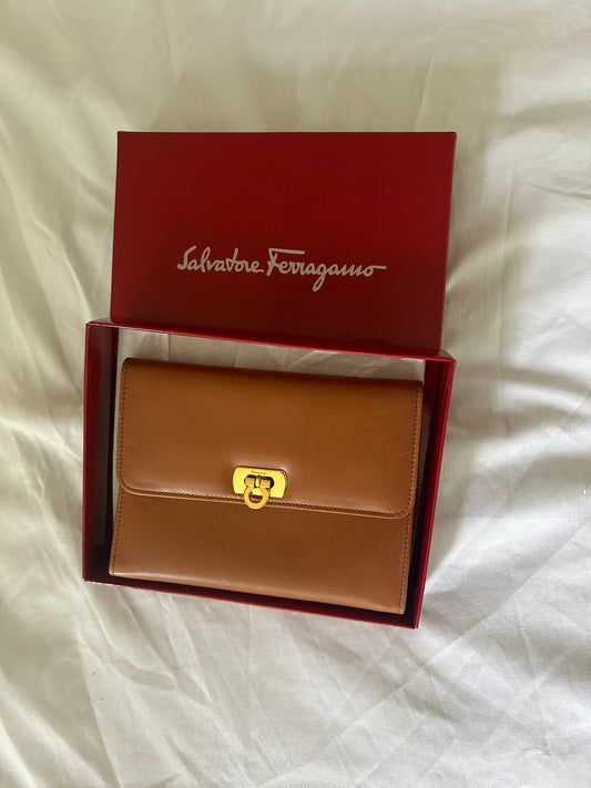 Salvatore Ferragamo Brown Leather Mini Clutch with Mirror