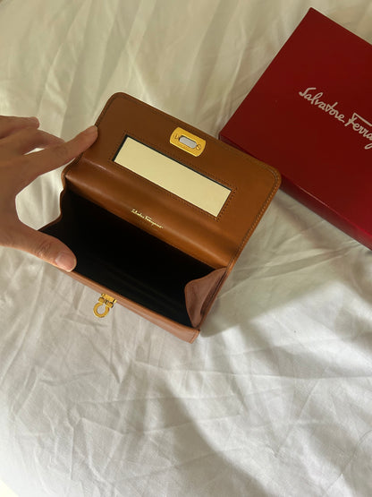 Salvatore Ferragamo Brown Leather Mini Clutch with Mirror