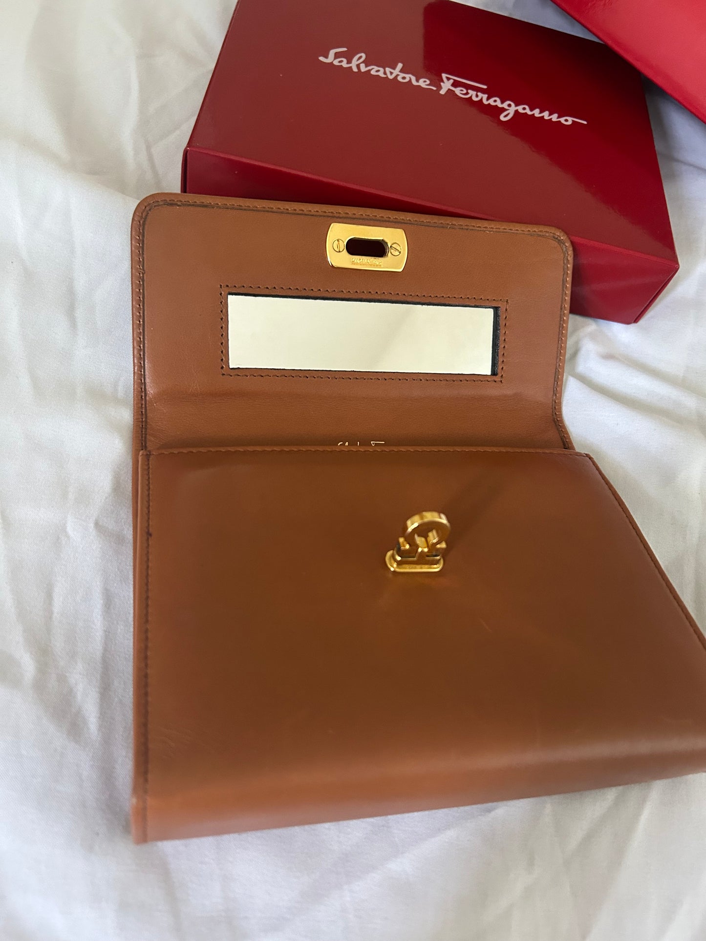 Salvatore Ferragamo Brown Leather Mini Clutch with Mirror