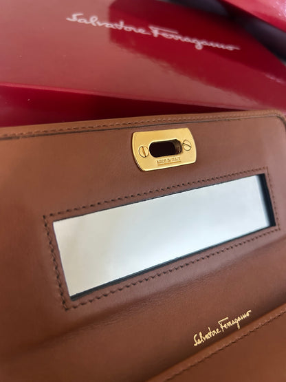 Salvatore Ferragamo Brown Leather Mini Clutch with Mirror
