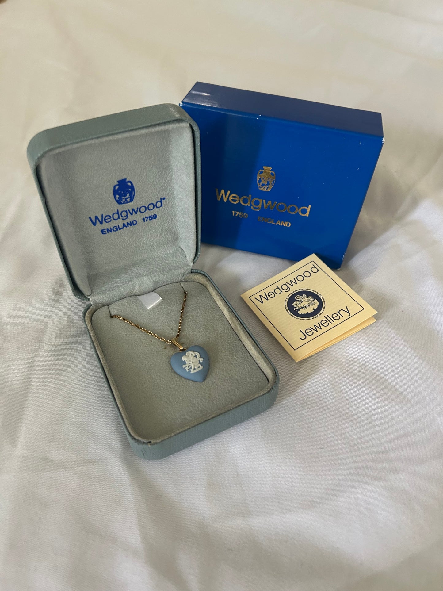 Wedgwood Heart-shaped Blue Jasperware Pendant Necklace, Cupid Relief Design