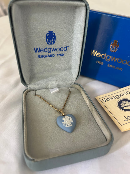 Wedgwood Heart-shaped Blue Jasperware Pendant Necklace, Cupid Relief Design