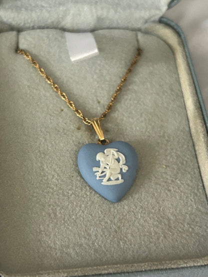Wedgwood Heart-shaped Blue Jasperware Pendant Necklace, Cupid Relief Design