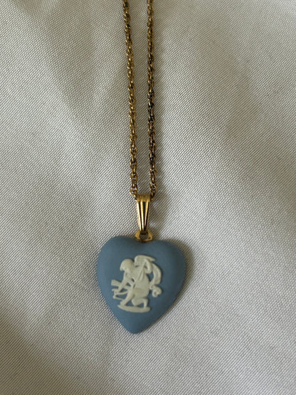 Wedgwood Heart-shaped Blue Jasperware Pendant Necklace, Cupid Relief Design