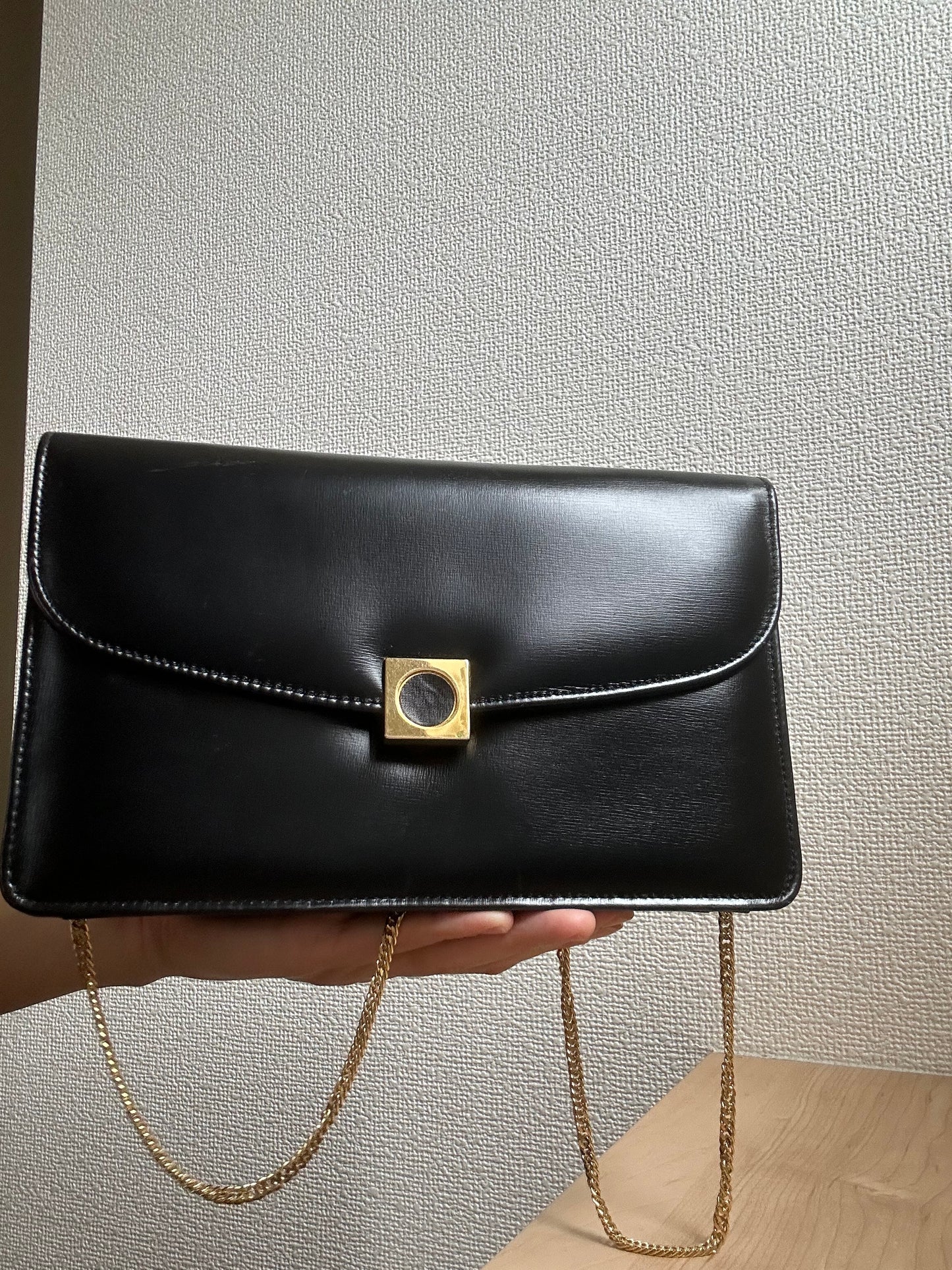 Launer London Formal Black Leather Bag with Removable Chain Strap