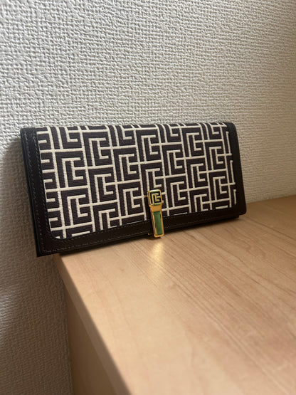 Pierre Balmain Fabric and Leather Monogram Long Bi-fold Wallet with Clip Closure