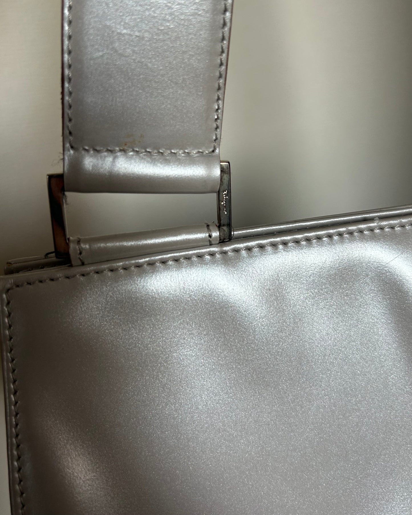 Salvatore Ferragamo Silver Patent Leather One Shoulder