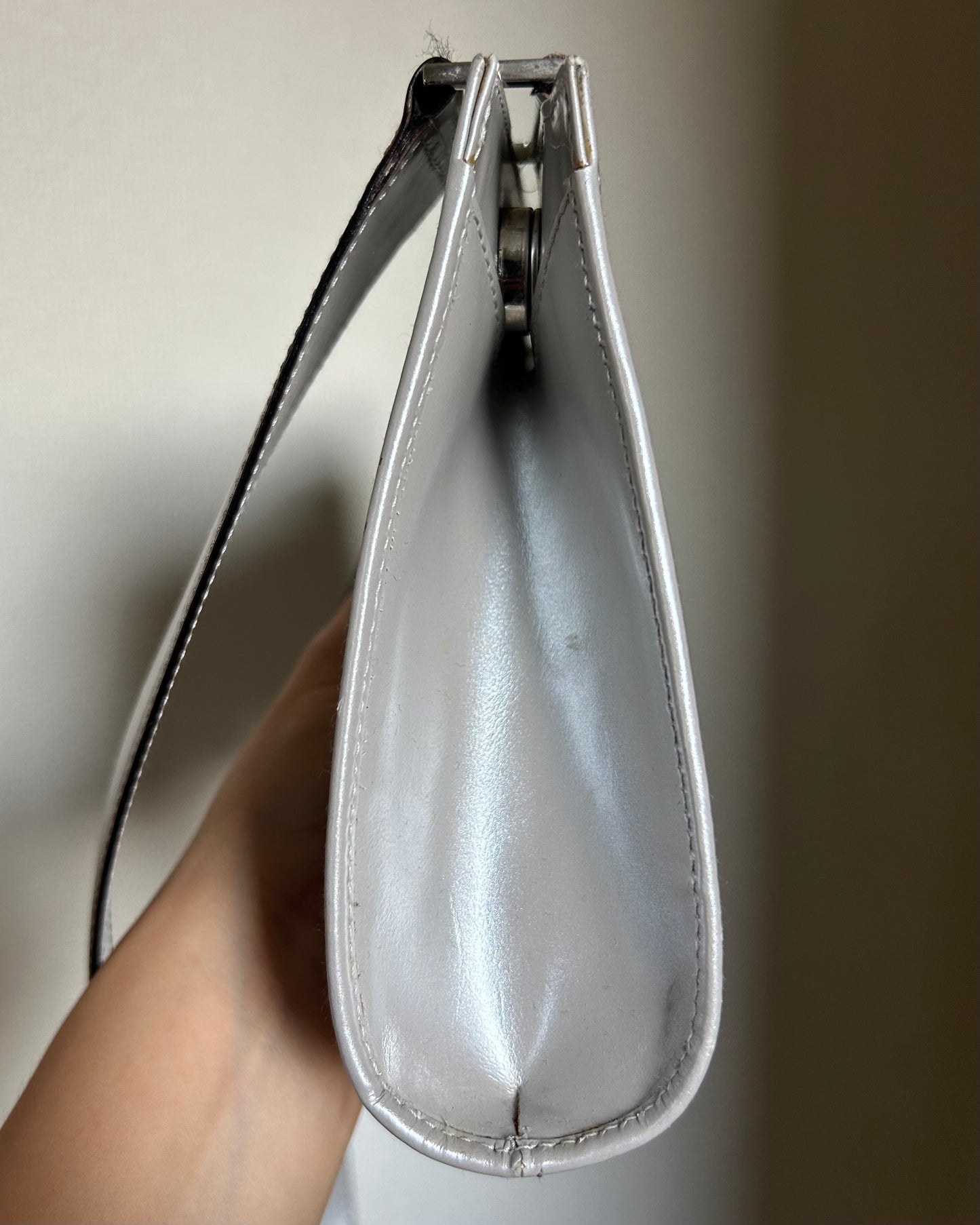 Salvatore Ferragamo Silver Patent Leather One Shoulder
