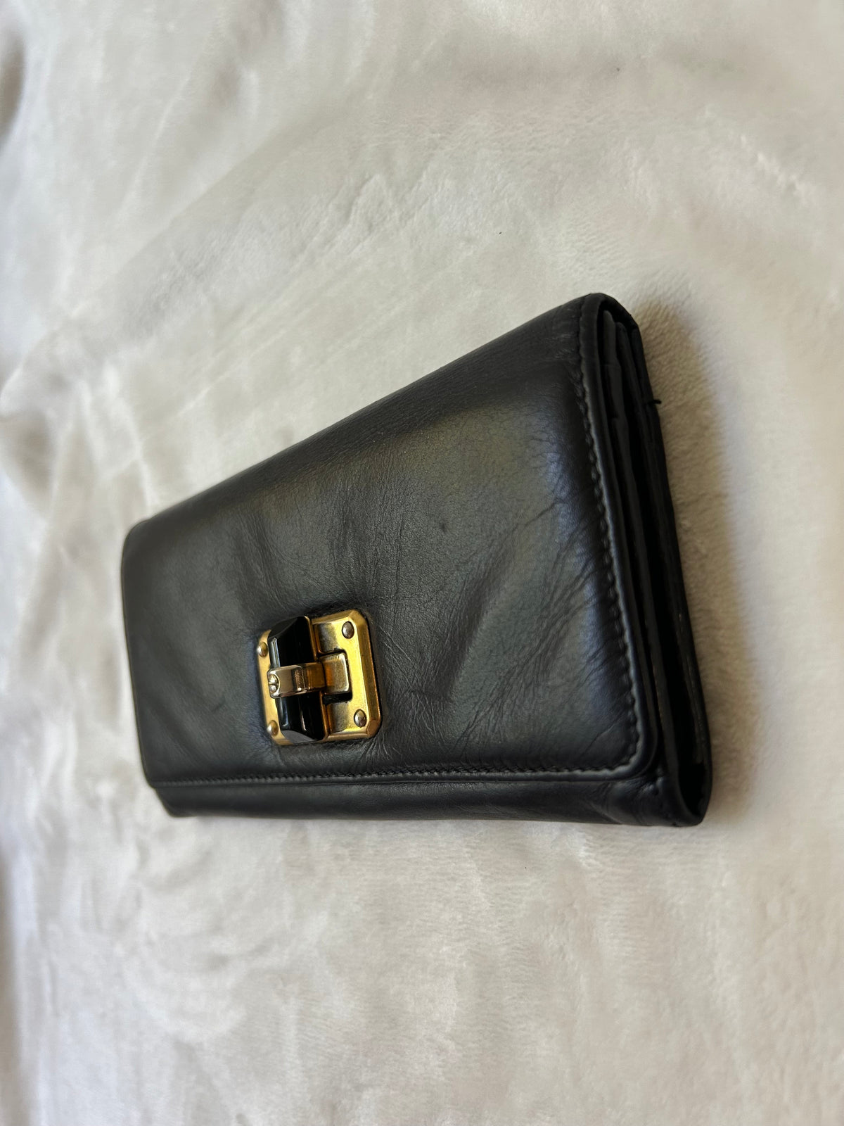 Lanvin Black Leather Long Wallet with Coin Compartment